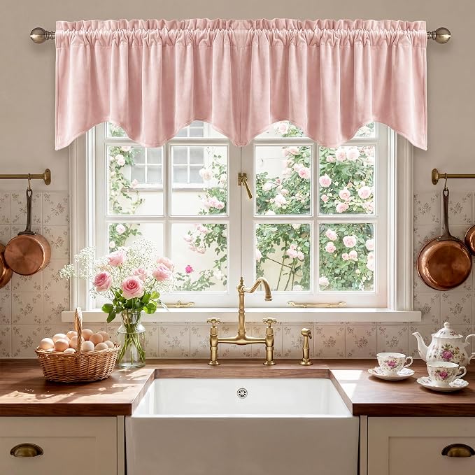 Pink Spring Decor Velvet Window Valance 52x18 Inch 1 Panel | Soft Wavy Pink Kitchen Curtains for Small Windows, Cute Decorative Window Treatment for Nursery Bedroom by StangH