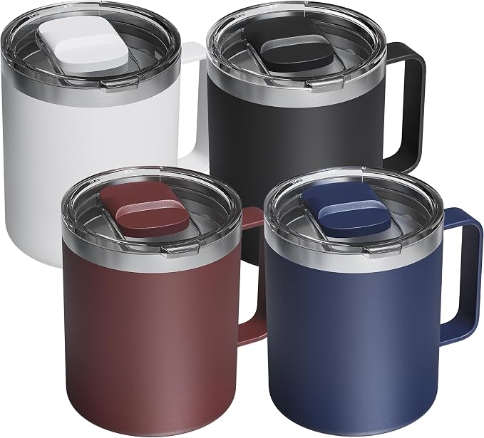 4 Pack 12oz Insulated Coffee Mug with Lid – Double Wall Stainless Steel Travel Cups with Handle, Keep Hot & Cold Drinks, Ideal Gift for Coffee Lovers, Office & Camping, Dark (Assort colors) by avodvo