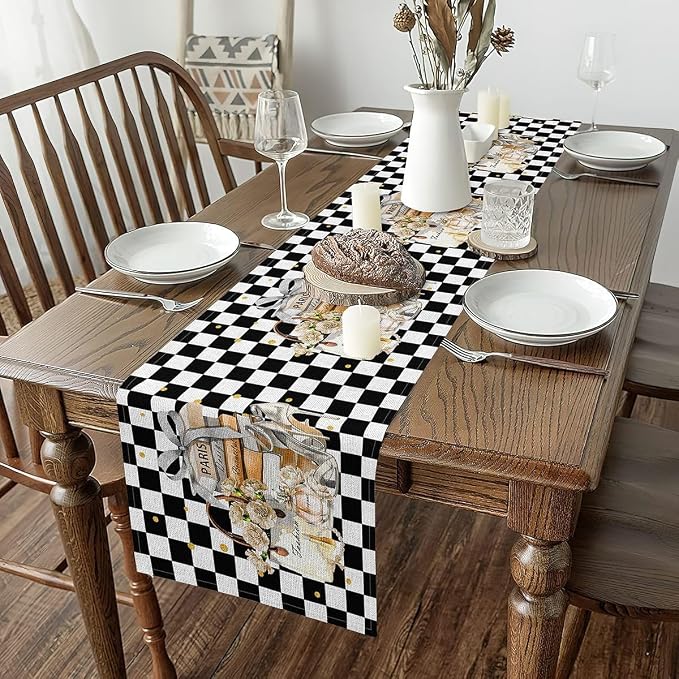Feelyou Book Table Runner,13" x 60" Black and White Gold Dresser Scarfs High-Heeled Shoes Dresser Runners Checkered Printed Table Decor for Kitchen Perfume by Feelyou