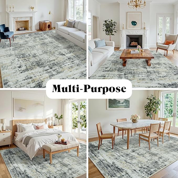 10x12 Washable Area Rug for Living Room Bedroom: Non-Slip Modern Black Gray | Machine Washable TPR Backing, Stain-Resistant Low Pile, Pet & Kid Friendly, Abstract Decor for Dining Room, Dorm, Home Office - Image 3