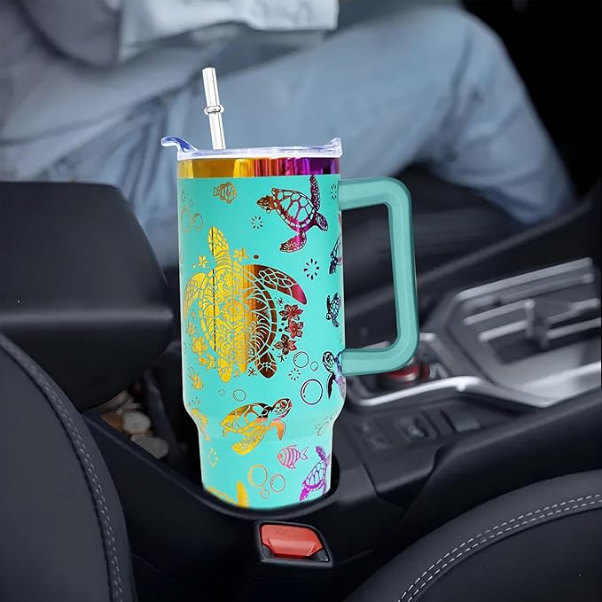 40 oz Sea Turtles Laser Engraving Tumbler With Handle With Lid Straw Double Insulated Travel Coffee Cup Sea Turtles Travel Accessories Must Have Gifts For Women