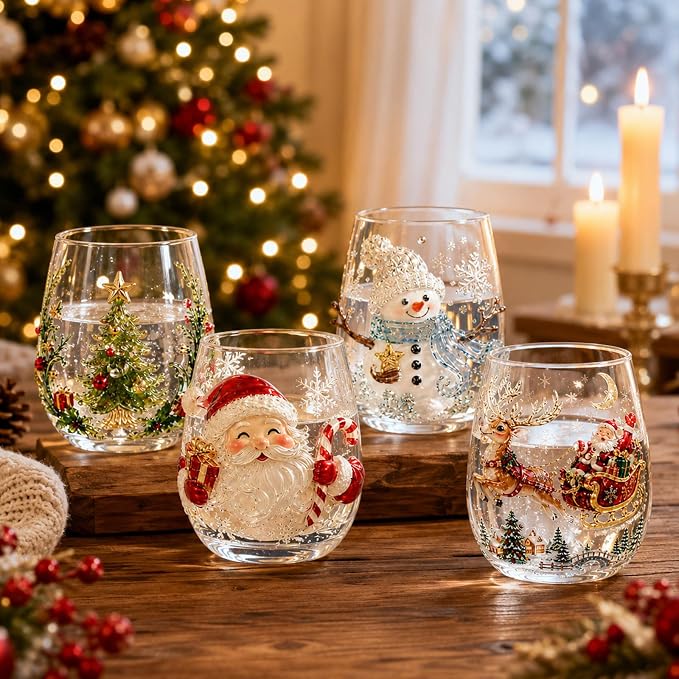 3D Christmas Glass Art Cup, Luxury Raised Holiday Glassware Collection | Cute Festive Stemless Wine Glasses,Artistic Holiday Table Ornaments,Perfect Christmas Home Decor Gifts for Various Beverages - Image 4
