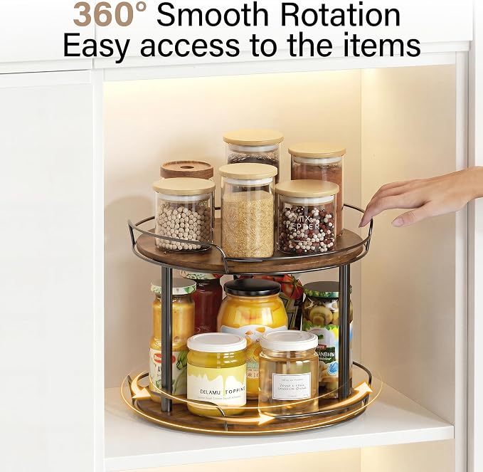 10'' Rotating Spice Rack, 2-Tier Lazy Susan Turntable Organizer | Wooden, for Cabinet, Table Top, Kitchen Countertop, Pantry, Bathroom, Vanity, Home Decor - Image 3