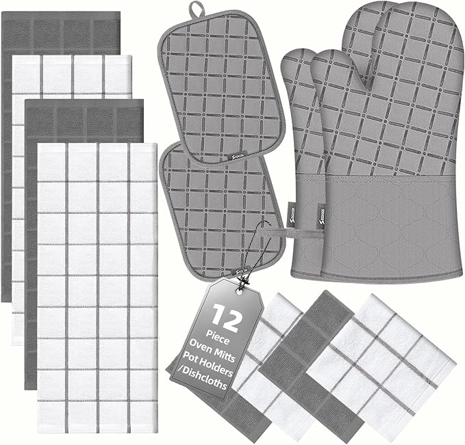 Oven Mitts Kitchen Towels and Dishcloths Pot Holders Sets, Oven Gloves Kitchen Dish Towels 500 Degree Heat Resistant Potholders with Non-Slip Silicone Surface for Cooking, Grilling, Baking-Gray by BSKSSK