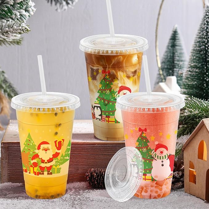 Christmas 20 OZ 50 Pack Plastic Cups with Lids and Straws, Sturdy Food Safe Iced Clear Coffee Cups Disposable Smoothie Cups for Cold Drinks