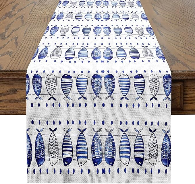 jejeloiu Ocean Fish Table Runner Blue and White Ocean Dresser Scarfs Nautical Fish Design Dresser Runners Sea World Table Decoration for Home Party Decor 13x120 Inch - Image 2