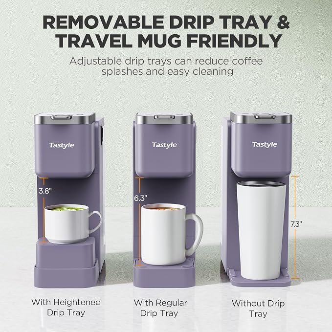 Tastyle Single Serve Coffee Maker with Built-in Detachable Milk Frother | For K Cups & Grounds, 40oz Removable Water Tank, 6 Brew Sizes, 2 Drip Trays, BPA Free, Fits 7.3" Travel Mug, K330MF, Purple - Image 6
