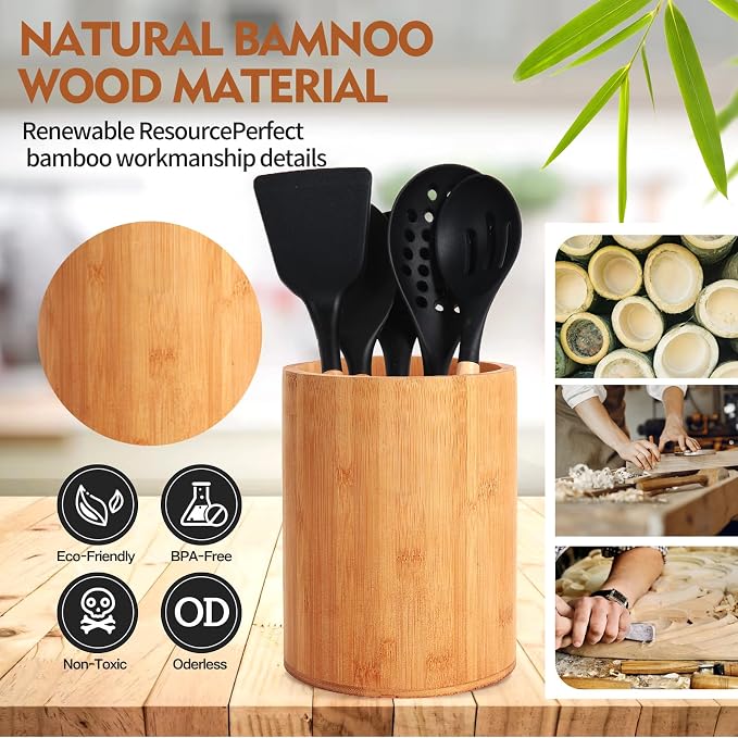 Bamboo Utensil Holder, Large Utensil Holders for Kitchen Counter, Bamboo Spoon and Chopstick Holder for Kitchen Decor, Flatware and Spatula Storage Organizer, for Countertop, Pantry and Bathroom - Image 5