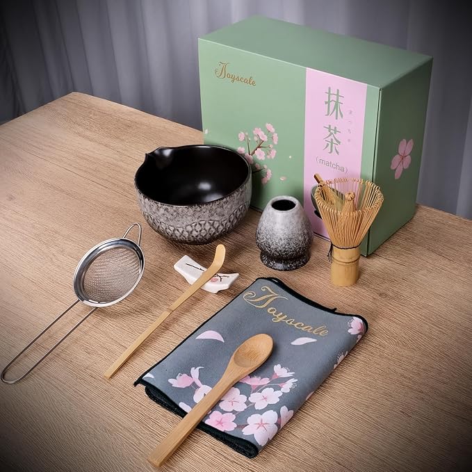 Joyscale Matcha Whisk Set, Matcha Set Whisk And Bowl, 8 Pcs Matcha Kit Set(Texture Design), 16 OZ, Japanese Matcha Tea Set, Matcha Making Kit Gifts for Tea Lovers(Kiln White)
