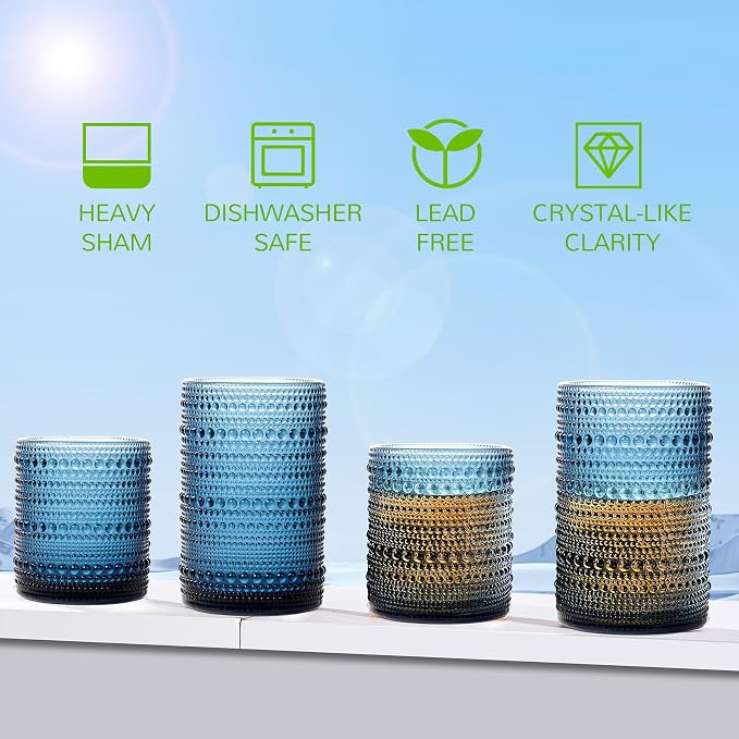 Vintage Hobnail Drinking Glasses Set of 12-14 oz Old Fashioned Glass Cups & 11 oz Cocktail Glasses, Aesthetic Kitchen Bar Tumbler Glassware Gifts Sets, Blue (12Pcs Blue XL) - Image 4