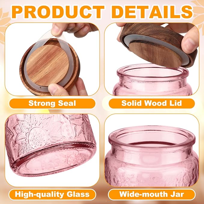 LemonRoad 8 Pcs Vintage Pink Glass Storage Jars 23.67 oz Candy Jar Canister with Solid Wood Lids Food Storage Container for Kitchen, Ground Coffee, Tea, Sugar, Decorative Mason Cookie Jar - Image 3