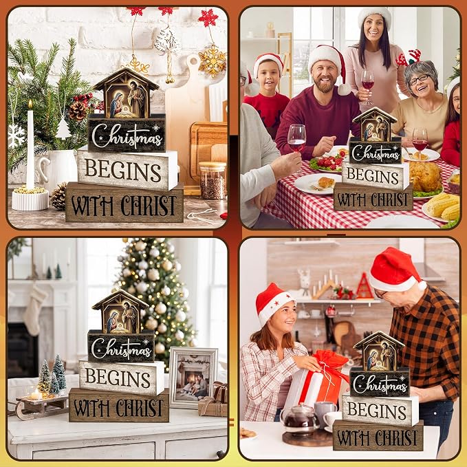 Moucuny 4 Pcs Christmas Table Decoration Christian Wooden Stacked Block Decor, Christmas Begins with Christ Signs with Nativity Scene Topper, Rustic Religious Xmas Tiered Tray Decor for Home Church - Image 5