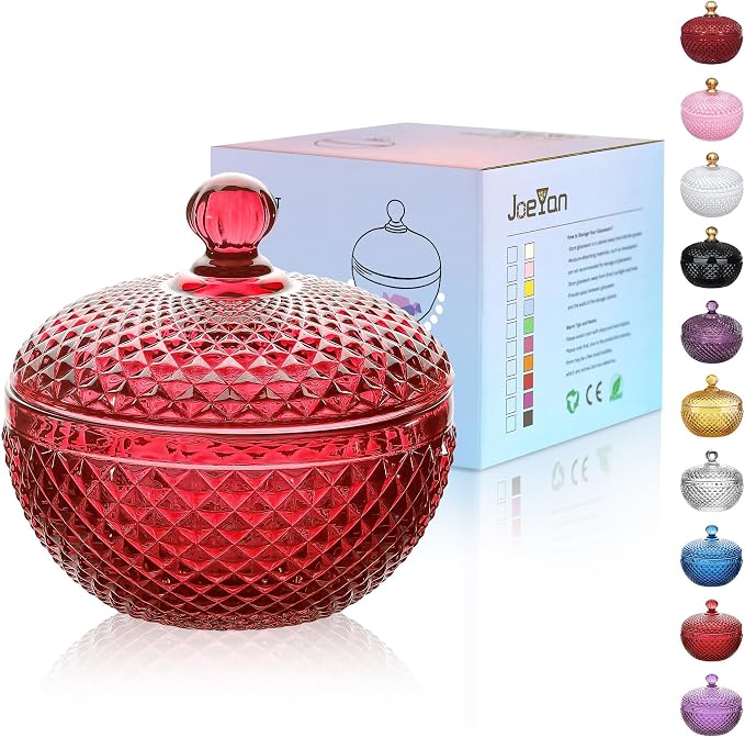 Joeyan 12 oz Small Red Glass Jewelry Box Jars with Lid,Embossed Glass Candy Dishes,Diamond Faceted Food Container,Decorative Apothecary Canisters,Colored Kitchen Bathroom Buffet Storage Organizer by JoeyanHousehold
