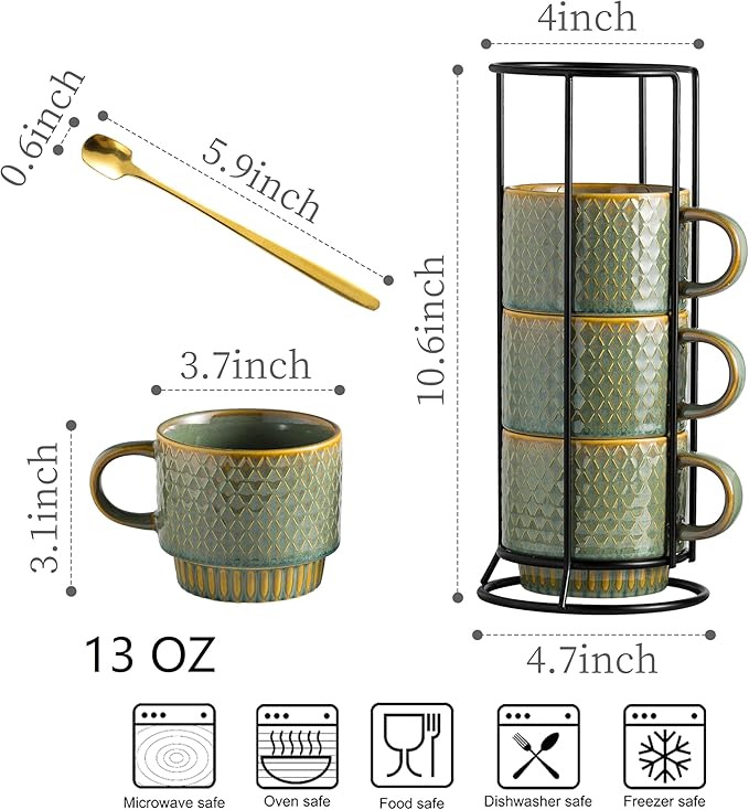 LYEOBOH Coffee Mug, Coffee Mugs Set of 4, Stackable Coffee Mugs with Rack and Spoons - 13 Oz Cup Set with Stand, Ceramic Mugs for Home & Kitchen, Blue and Green - Image 2