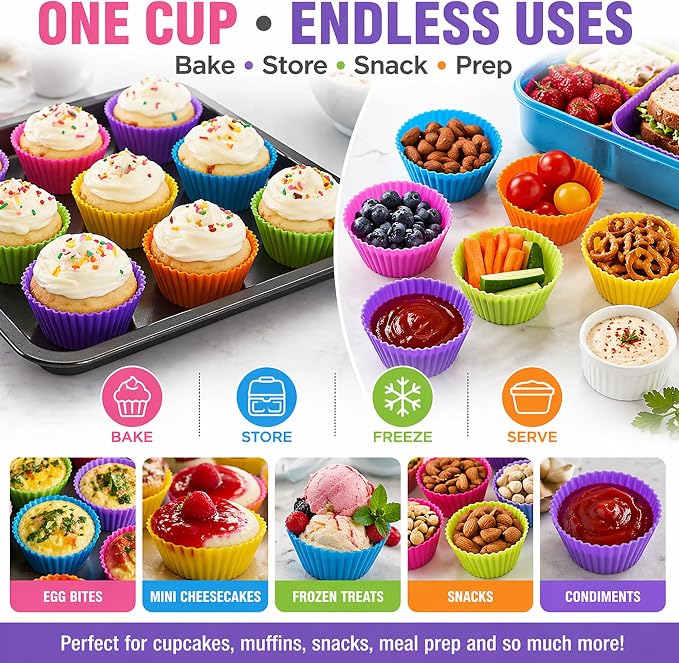 Cupcake Liners - Reusable Silicone Cupcake Baking Cups - Non-Stick Baking Muffins Mold - Use As Lunch Box Dividers - Set of 12 Kitchen Accessories - Great Gift Idea - Image 4
