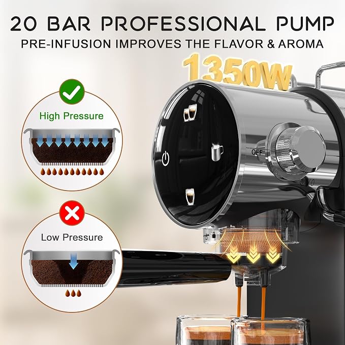 AYCHIRO 20 Bar Semi-Automatic Espresso Machine, Touch Panel Espresso Maker with Milk Frother Steam Wand, Cappuccino Latte Coffee Machine, Removable Water Tank for Home Barista, Black - Image 2