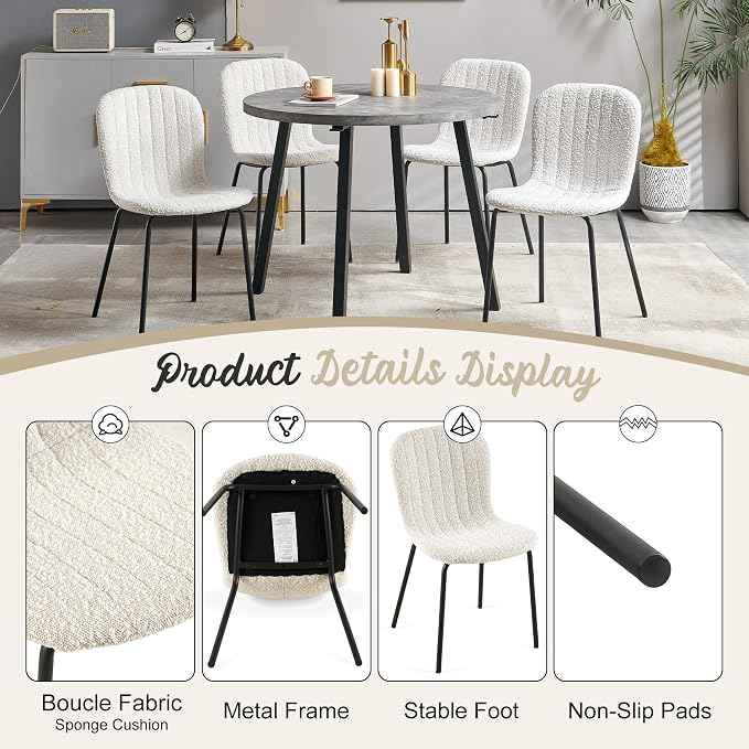 5-Pieces 37.4" Round Dining Table Set for 4,Mid Century Modern Small Coffee Table, Engineered Wood Table and Chairs Set of 4 for Kitchen, Dining Room, Office(1 Table + 4 White Boucle Chairs) - Image 8