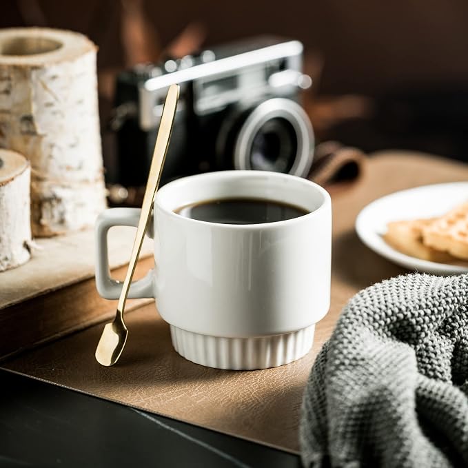 Miamolo Coffee Mugs Set of 4, Stackable Coffee Cups with Stand and Spoons | 11oz, Ceramic | for Espresso Cappuccino Latte Tea Drinks | Dishwasher & Microwave Safe | Housewarming Gift | White - Image 7