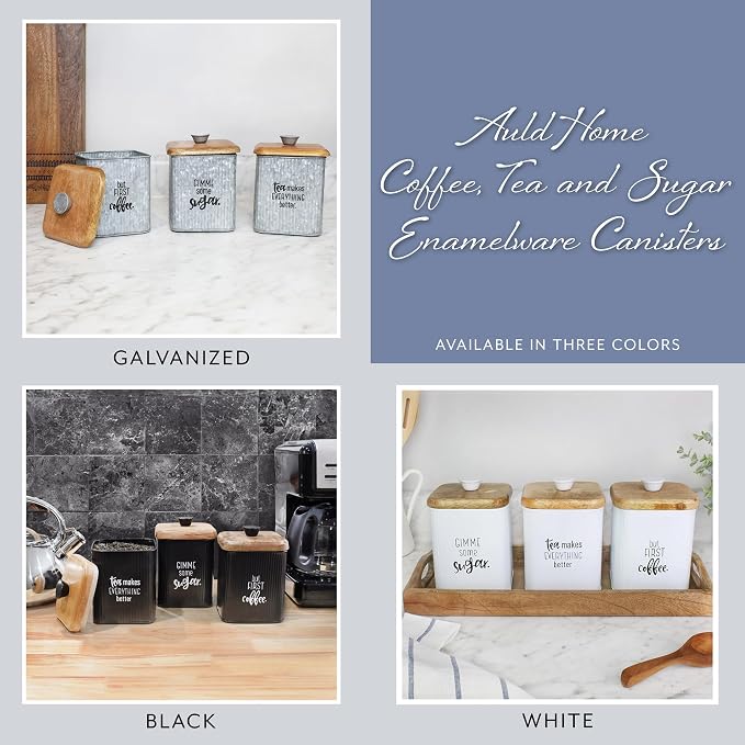 AuldHome Design Farmhouse Galvanized Canisters (Set of 3); Storage Containers for Coffee, Tea and Sugar in Galvanized Iron and Wood Design - Image 9