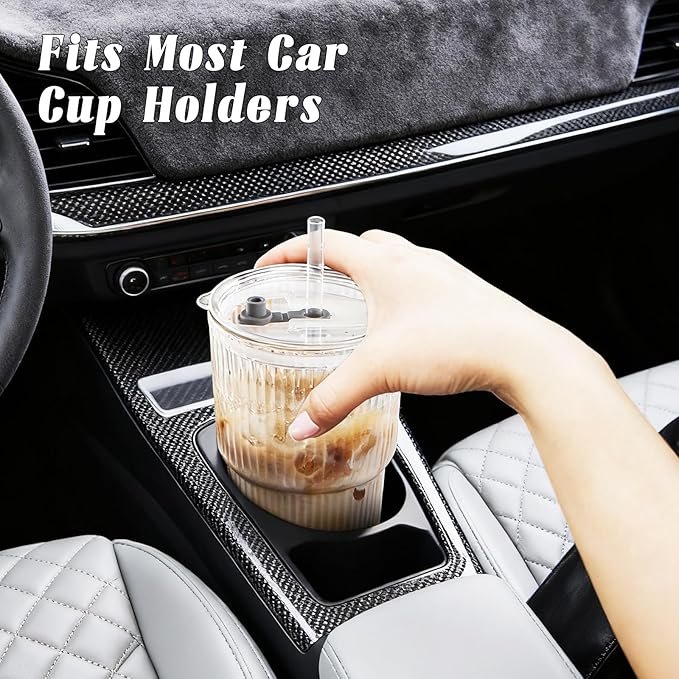 20oz Glass Cups with Lids and Straws, Premium Thick Ribbed Drinking Glass Tumbler Set for Iced Coffee, Smoothies, Cocktails, Beer and Juice, Clear, 2 Pack