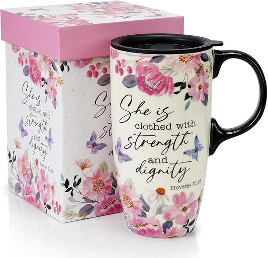 Topadorn 17oz Ceramic Travel Mug with Lid, Inspirational Floral Coffee Mug | Pink Ceramic Travel Cup with Handle for Women, Microwave & Dishwasher Safe, Gift Box Included by Topadorn
