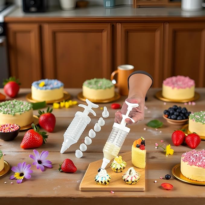 1Pc White Pipe Nozzles with Syringe，8pcs Plastic Cream Baking Piping Nozzle Dispenser Icing Pastry Tips Tube Decoration Tool, for Cupcake and Cake,Decorating Tools