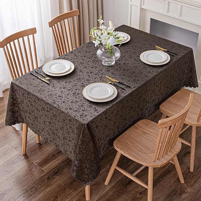 Smiry Rectangle Waterproof Heavy Duty Vinyl Tablecloths, 60 x 140 Inch | Wipeable Washable Floral Embossed Table Cover for Kitchen and Dining Room, Indoor & Outdoor Use, Coffee - Image 2