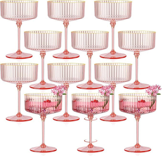 12 PCS Ribbed Coupe Glasses Pink Plastic Champagne Coupe Cup 10oz Detachable Gold Rim Espresso Martini Glass Vintage Margarita Glassware Cocktail Glass for Wedding Bachelorette Party by Unknown