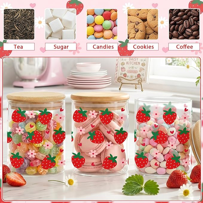 Strawberry Glass Storage Jars with Lids, Candy Cookie Jars, 3 Pcs | Cute Strawberry Candy Cookie Jars Canister Set for Girls Women Summer Containers Home Kitchen Counter Decor - Image 6