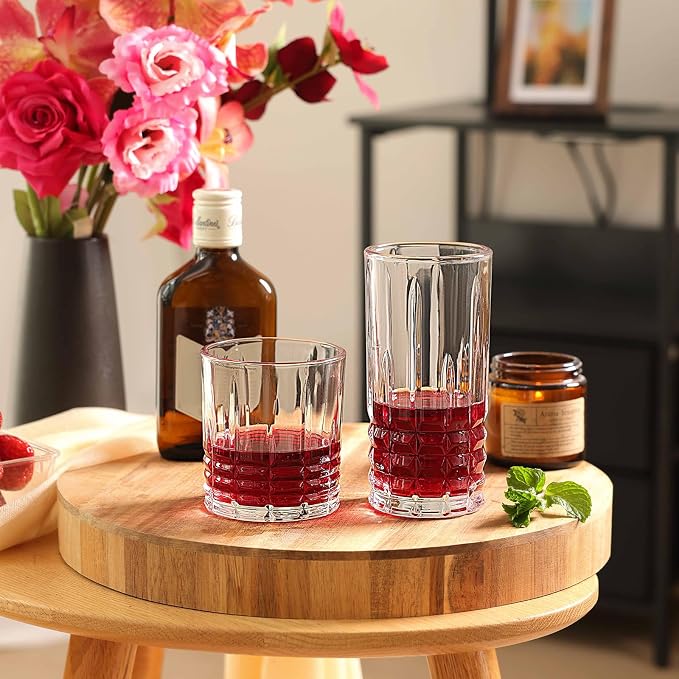 Moretoes Drinking Glasses Set of 12,Mixed Drink Cocktail Glass | 6 Highball Glasses 12 Oz,6 Rocks Glasses 10 Oz Vintage Glassware Sets for Whiskey, Cocktails, Water & Juice - Image 2