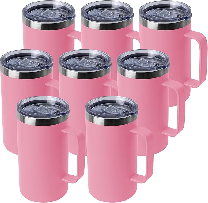 DOMICARE 24oz Mug with Handle and Lid, Stainless Steel Coffee Mug, Travel Mug with Handle, Double Wall Vacuum Coffee Tumbler, Reusable Insulated Cup, Pink, Pack 8 by VisittheDOMICARE