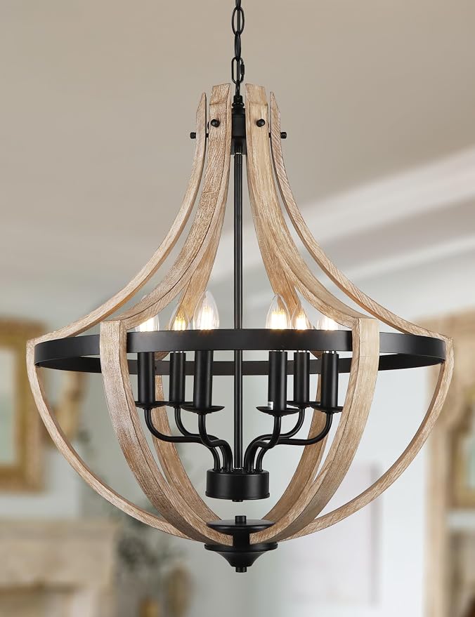 6-Light Large Rustic Farmhouse Dining Room Chandeliers, Adjustable Height Entryway Light Fixture, Hanging Wood Chandelier for Kitchen Island Foyer Stairwell Office by Klgxnrd