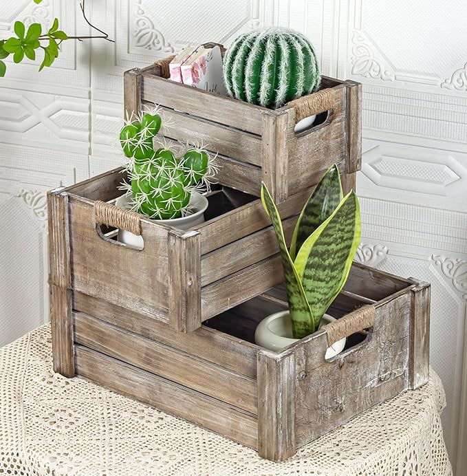 TIMRIS Set of 3 Rustic Wood Nesting Crates, Farmhouse Wooden Storage Container Boxes with Cutout Handles, Decorative Wooden Baskets for Display (Rustic Gray) by TIMRIS