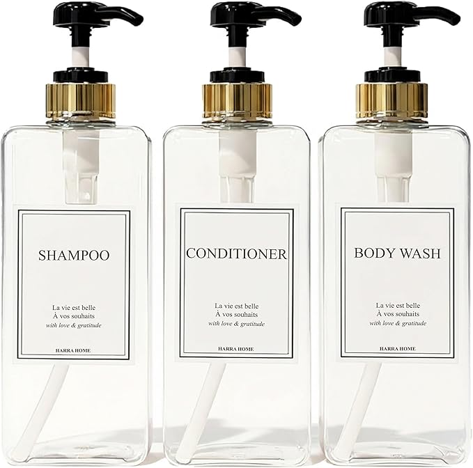 Modern Gold Design Large 27 oz Shampoo and Conditioner Dispensers - Empty Plastic Refillable Pump Bottle Set for Bathroom Shower Soap Dispenser, Includes 6 Waterproof Labels, et of 3 (Clear & Black)