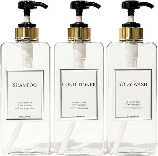 Modern Gold Design Large 27 oz Shampoo and Conditioner Dispensers - Empty Plastic Refillable Pump Bottle Set for Bathroom Shower Soap Dispenser, Includes 6 Waterproof Labels, et of 3 (Clear & Black)