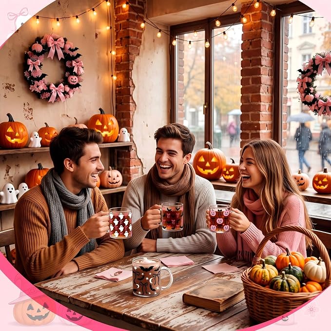 Tioncy 4 Pcs Halloween Coffee Mugs 12 oz Pink Pumpkin Glass Cups with Handle Pink Bow Coffee Cup Cute Ghost Bat Gifts Drinking Containers for Halloween Holiday Party Drinkware Accessories - Image 6