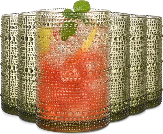 Green Hobnail Drinking Glasses Set of 6,15 oz Vintage Highball Glasses,Drinkware Kitchen Glasses for Cocktail,Iced Coffee,Beer,Ice Tea,Wine,Whiskey,Water by JPPSUJJ