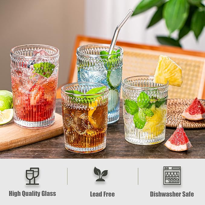 Vintage Drinking Glasses Set of 12, Textured Clear Striped Glass Cups-6 Highball Glasses 13oz & 6 Rocks Glasses 10oz, Ribbed Glassware Set, Mojito Cups, Cocktail Glass, Iced Coffee Cup - Image 5