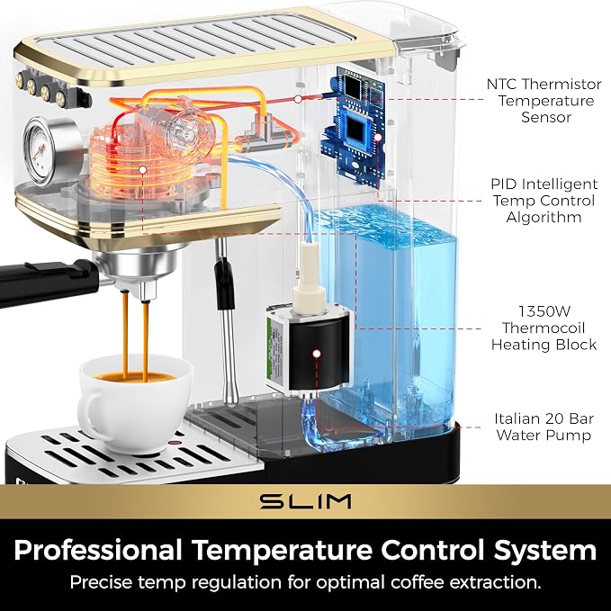 CHULUX Slim Espresso Machine with Milk Frother for Home Latte, Black & Gold | Precise Pressure Gauge, Food-Grade Materials, 20 Bar Italian Pump, Professional Temperature Control System, Stainless Steel - Image 4