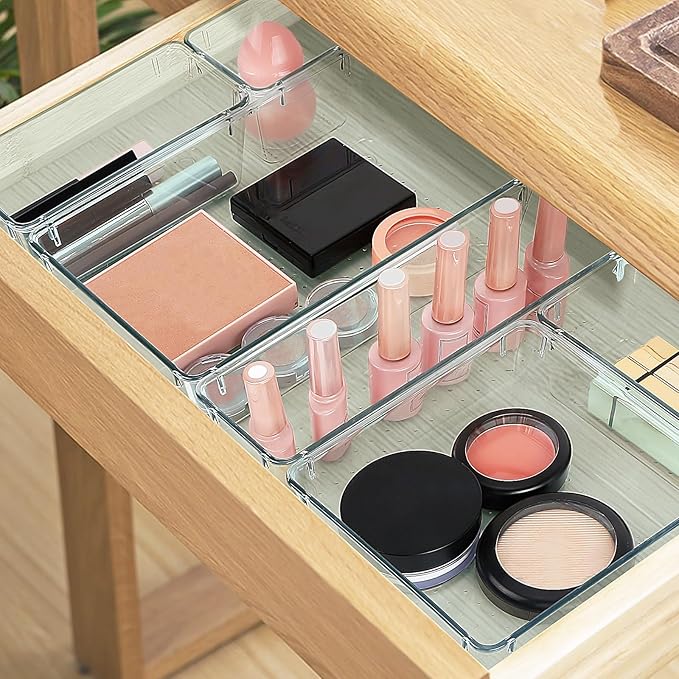 16 PCS Drawer Organizer Set, 5 Varied Size Bathroom and kitchen Drawer cabinet organizer Trays, Clear Storage Bins for Makeup, Jewelry, Utensils and Gadgets