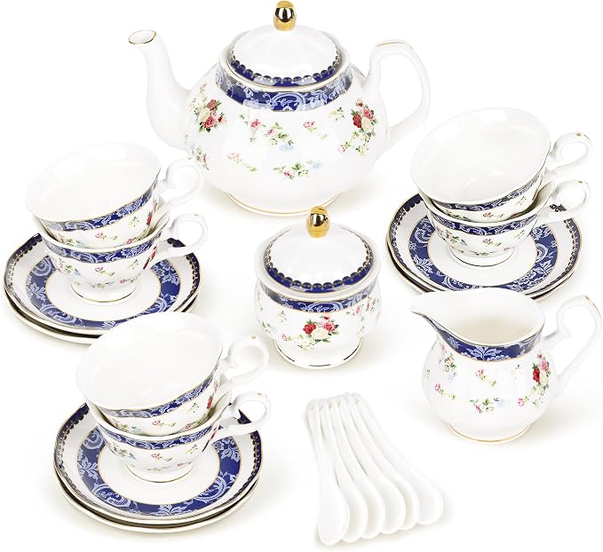 fanquare Bone China Tea Sets for Adults, 21-Piece Blue Lace and Roses Porcelain Tea Service with Sugar Bowl & Creamer, English Cremic Floral Teacups Set of 6 for Women Tea Party | Porcelain Tea Service with Sugar Bowl and Creamer, English Floral Cerami... by fanquare