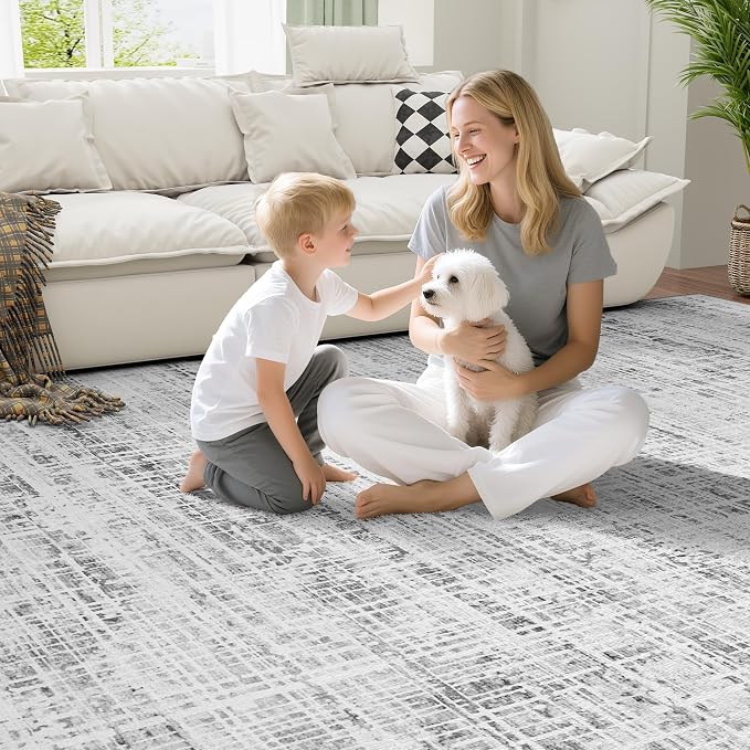 6x9 Washable Area Rug for Living Room Bedroom: Non-Slip Modern White Gray | Machine Washable TPR Backing, Stain-Resistant Low Pile, Pet & Kid Friendly, Abstract Decor for Dining Room, Dorm, Home Office - Image 7