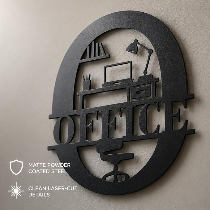 Office Metal Wall Decor, Modern Home Office Sign, 14 Inch | 14-inch matte black metal office sign with pre-drilled holes for home offices, workspaces, studios, and professional decor. - Image 5