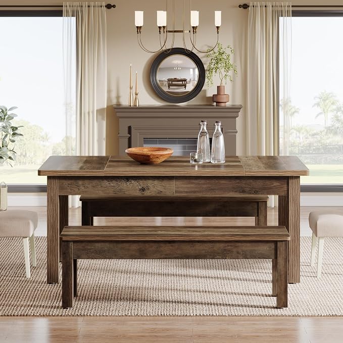 Tribesigns Farmhouse Kitchen Table Set for 4-6, 55-Inch Wooden Dining Table with 2 Benches, Space Saving 3 Pieces Heavy Duty Dinette for Dining Room, Kitchen, Small Space (Wood Hemp) - Image 5