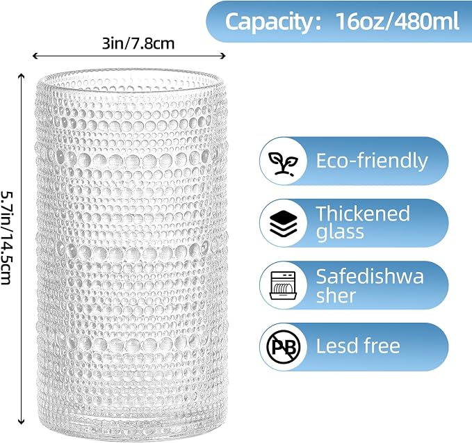 16oz Hobnail Drinking Glasses Set of 12, Vintage Large Capacity Embossed Clear Tumblers, Highball Glasses for Water, Cocktail, Beer, Whiskey, Juice & Bar Use - Image 2