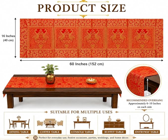 Indian Handmade Peacock Design Table Runner 60 x 16 Inch | Traditional Orange Decorative Table Linen for Dining Table, Console Table, Coffee Table & Home Décor - Image 2