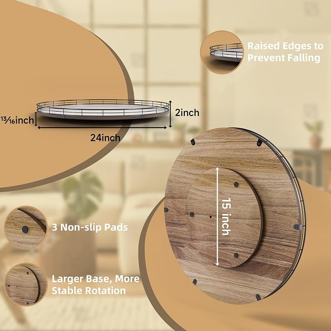 24 Inch Lazy Susan Turntable, Heavy Duty Acacia Wood Round Tray for Kitchen | Easy 360 Degree Spin; Raised Iron Rim; 3 Anti Slip Pads; No Assembly; Farmhouse Decor; Pantry, Cabinet, Gift Box - Image 3