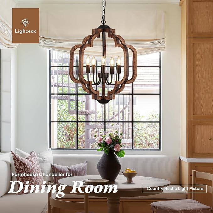 20.5" Farmhouse Vintage Chandelier 5-Light for Dining Room Rustic Handmade Wood Hanging Ceiling Pendant Light Fixture for Entryway Brown Retro Chandeliers for Kitchen Bedroom Foyer Hallway - Image 3