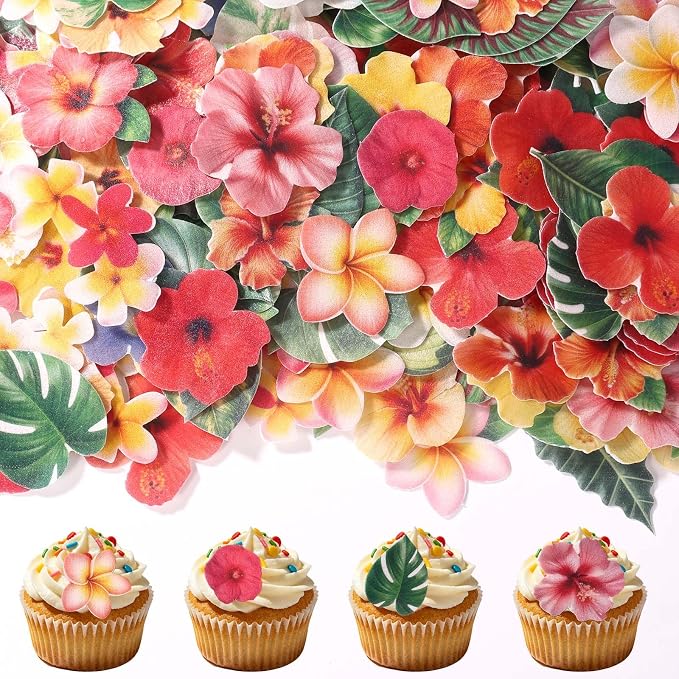 280pcs Edible Hawaiian Cake Decorations, Hawaiian Tropical Design Glutinous Rice Paper Edible Flower Cupcake Decor with 40 Patterns for Summer Birthday Party Baking Supplies (Multicolor) by lasuroa
