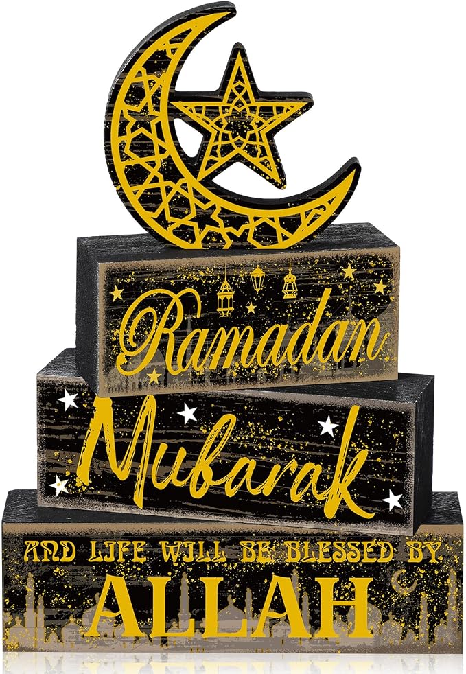 Moucuny 4 Pcs Ramadan Mubarak Table Decor Wooden Eid Mubarak Tabletop Signs for Home Black and Gold Muslim Islam Ramadan Mubarak Centerpiece for Islamic Gifts Kareem Home Table Decor by Moucuny